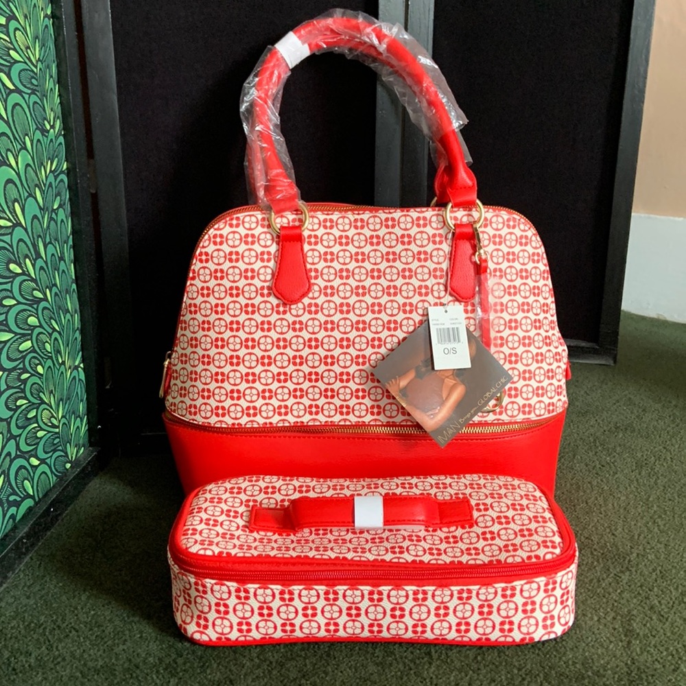 IMAN Global Chic Logo Print Dome Satchel & Cosmetic Case Handbag Set